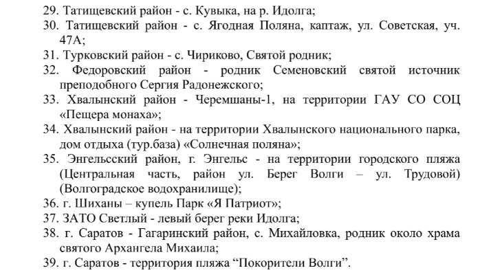 список мест для крещенских купаний