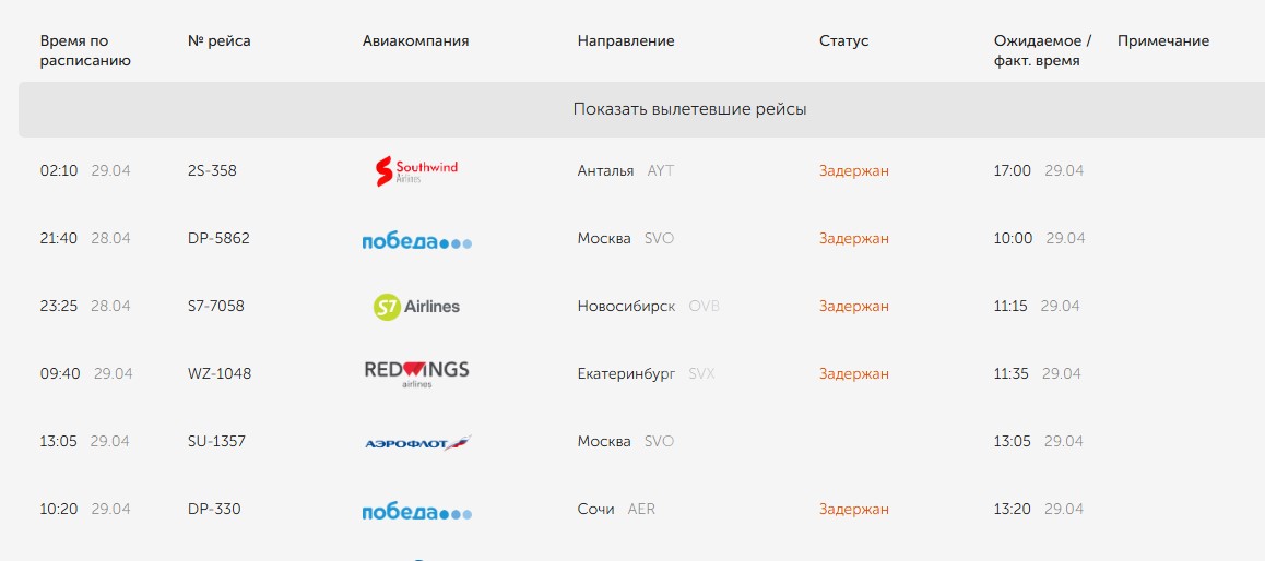 Задержка вылета 29 апреля